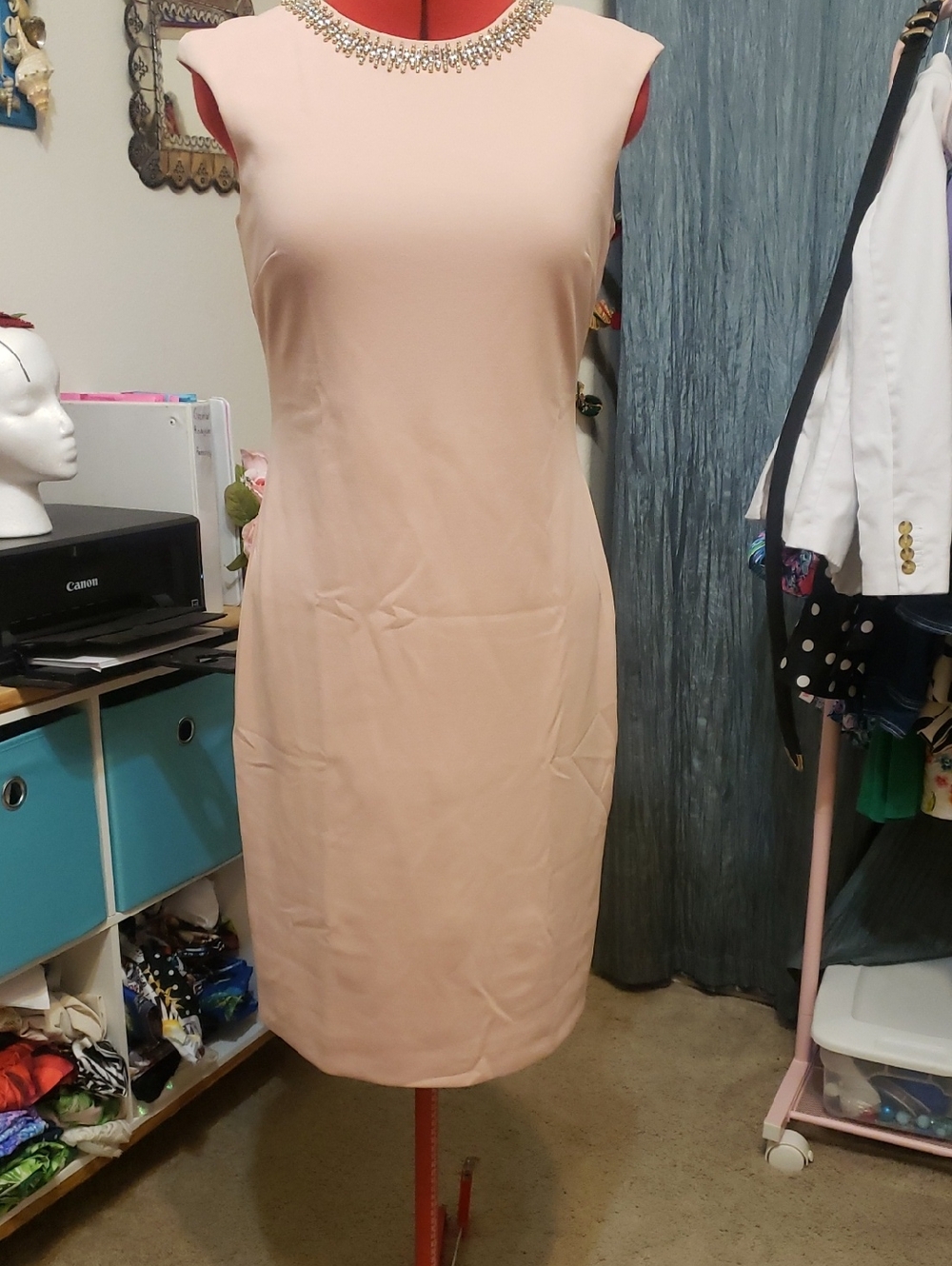 Tahari Blush Pink Embellished Neck Midi Sheath Dress